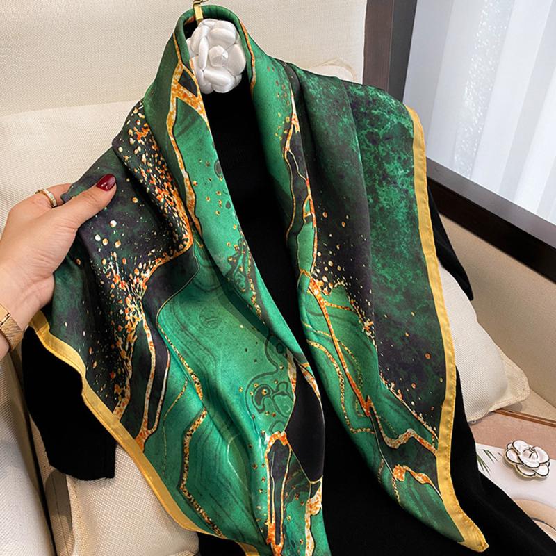 Dark Green River Print Neckerchief Vintage Silk Square Scarf Bandana