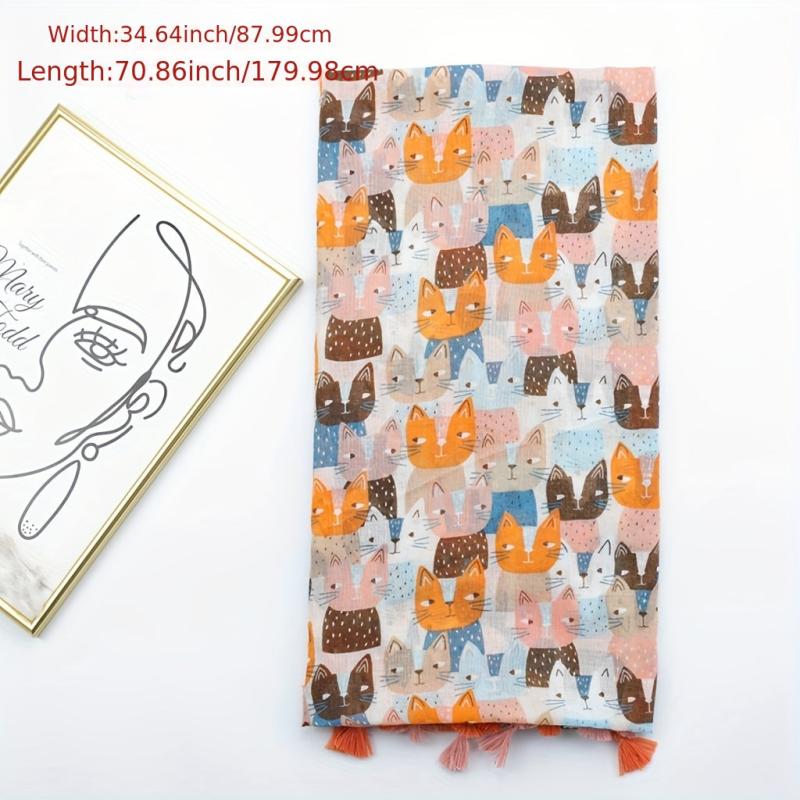 Kitty Printed Tassel Scarf Orange Cartoon Cat Shawl Women Sunscreen Headwrap