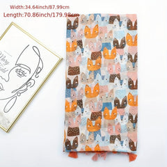 Kitty Printed Tassel Scarf Orange Cartoon Cat Shawl Women Sunscreen Headwrap