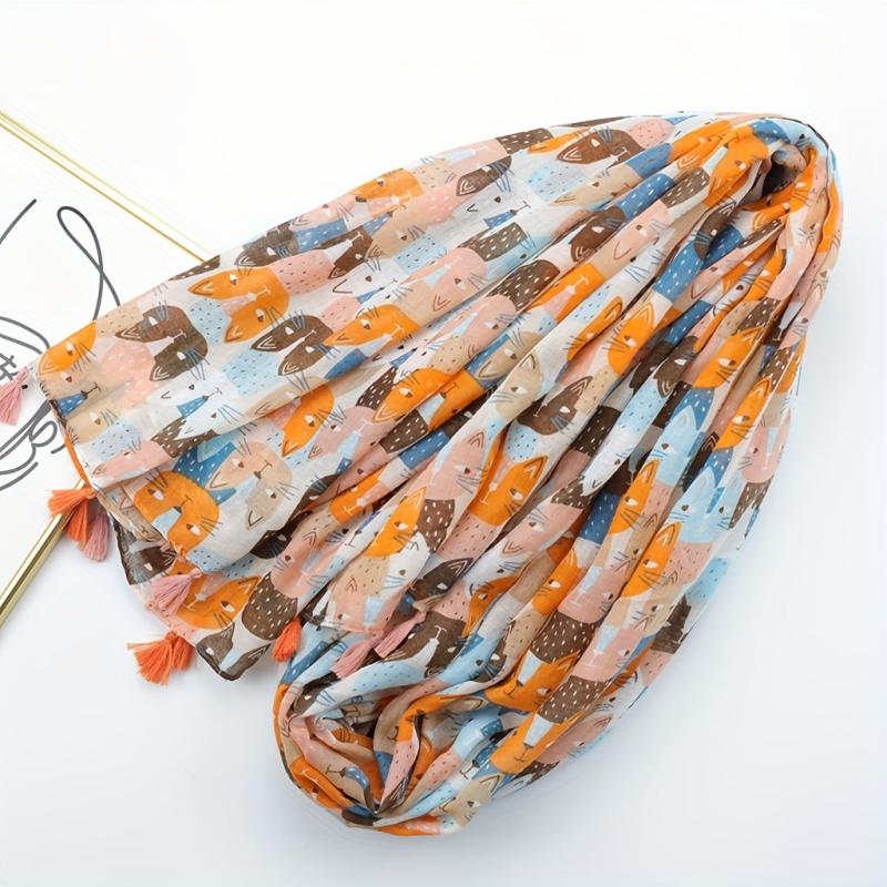Kitty Printed Tassel Scarf Orange Cartoon Cat Shawl Women Sunscreen Headwrap
