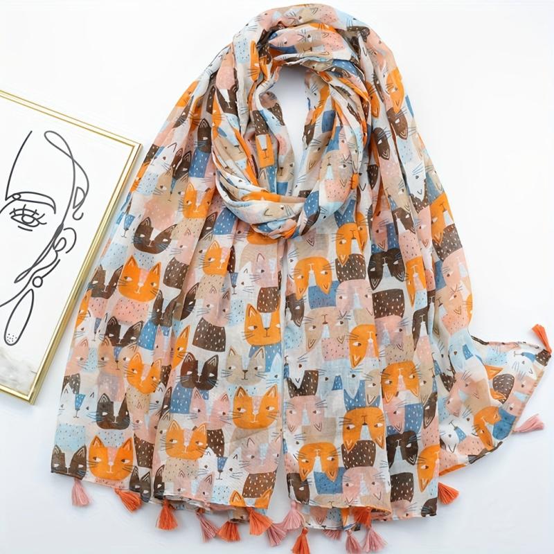 Kitty Printed Tassel Scarf Orange Cartoon Cat Shawl Women Sunscreen Headwrap