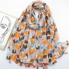 Kitty Printed Tassel Scarf Orange Cartoon Cat Shawl Women Sunscreen Headwrap