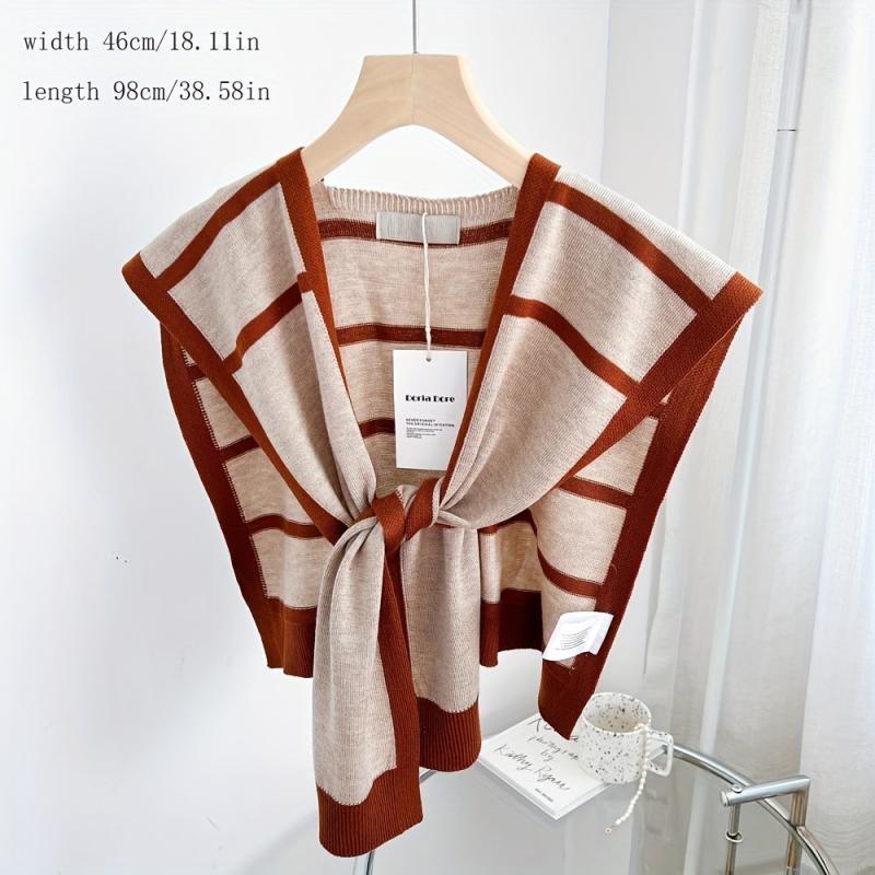 Striped Knitted Shawl Lace Up Cape Windproof Shawls False Collar