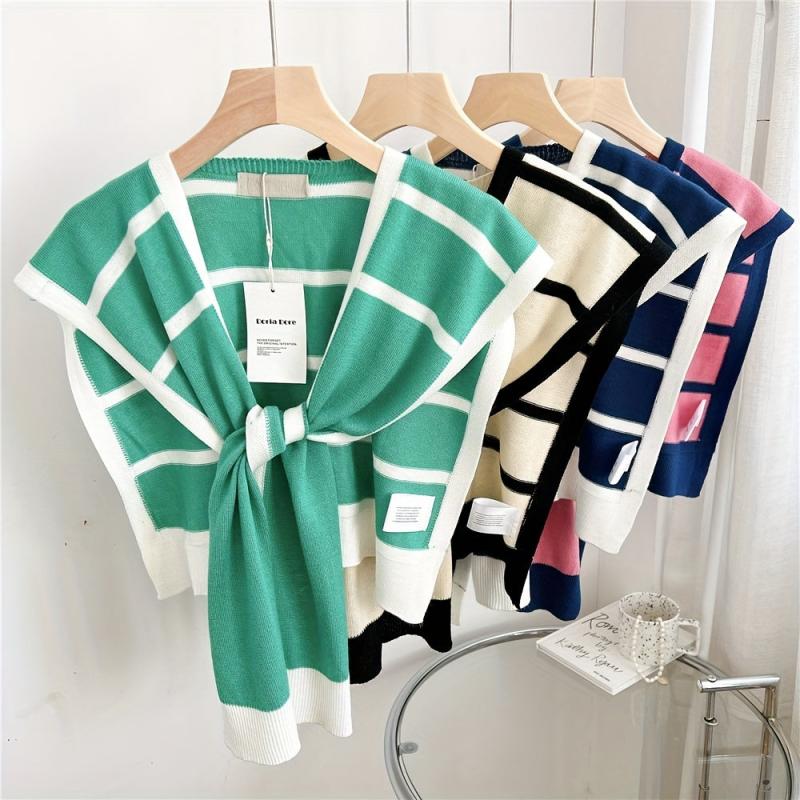 Striped Knitted Shawl Lace Up Cape Windproof Shawls False Collar