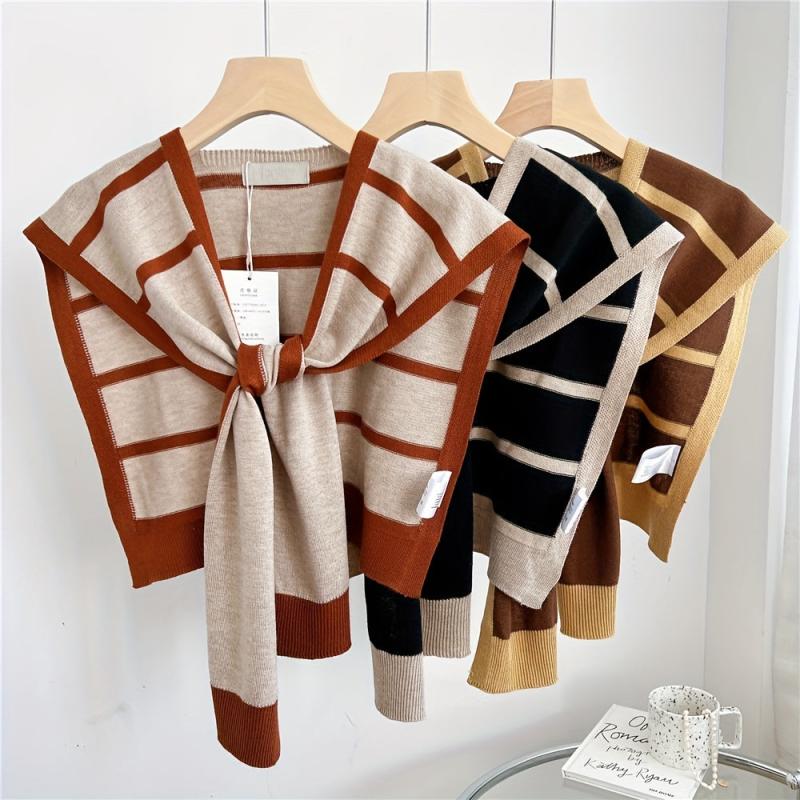 Striped Knitted Shawl Lace Up Cape Windproof Shawls False Collar