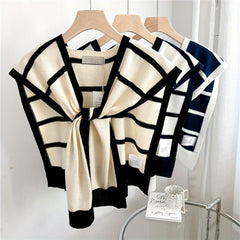 Striped Knitted Shawl Lace Up Cape Windproof Shawls False Collar