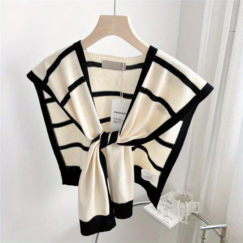 Striped Knitted Shawl Lace Up Cape Windproof Shawls False Collar