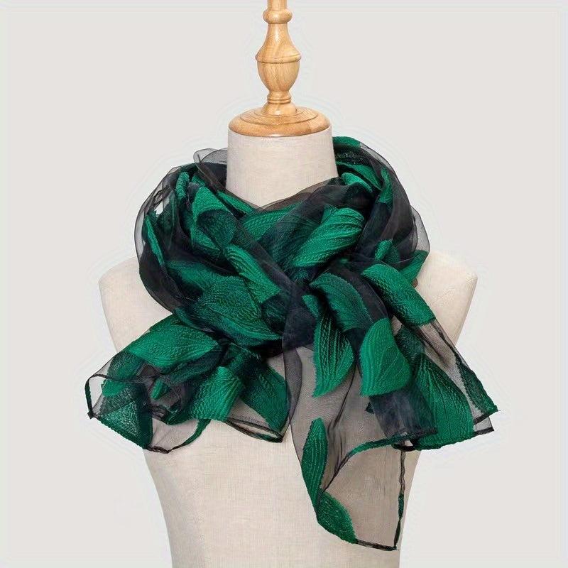 Leaf Embroidery Organza Scarf Vintage Thin Breathable Shawl Solid Head Wraps