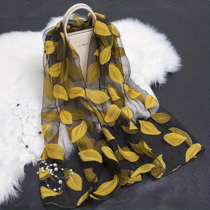 Leaf Embroidery Organza Scarf Vintage Thin Breathable Shawl Solid Head Wraps