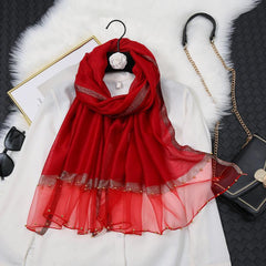 Silk Scarf Beads Decor Solid Splicing Sunscreen Shawl Casual Windproof Wrap