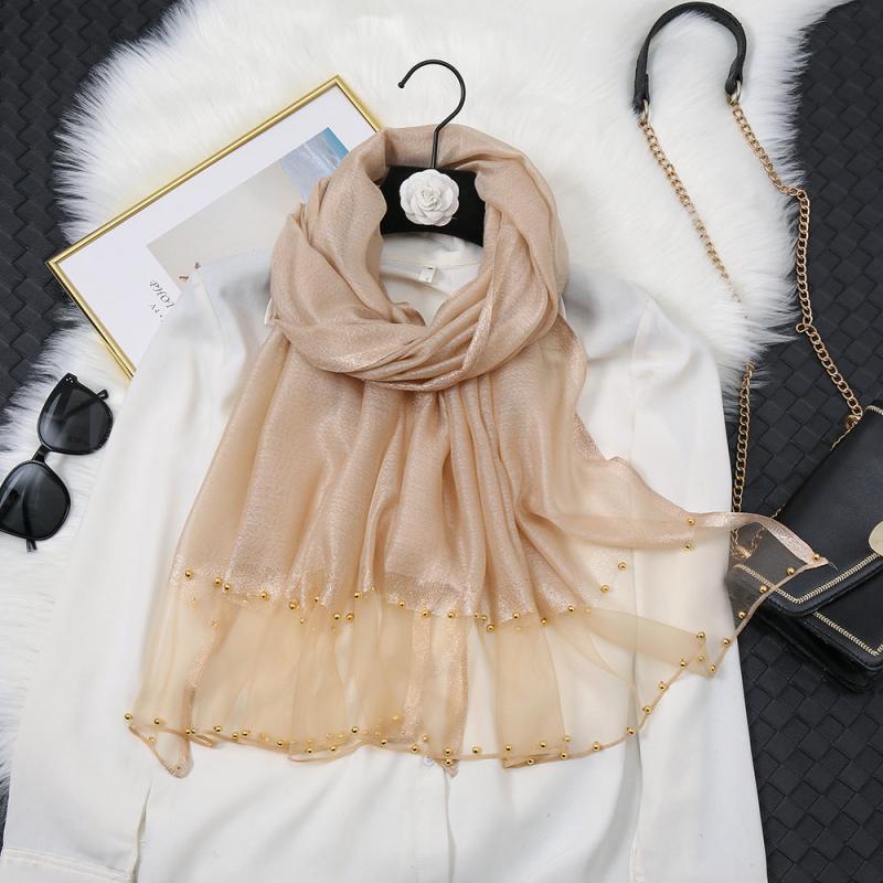 Silk Scarf Beads Decor Solid Splicing Sunscreen Shawl Casual Windproof Wrap