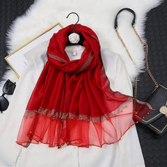 Silk Scarf Beads Decor Solid Splicing Sunscreen Shawl Casual Windproof Wrap