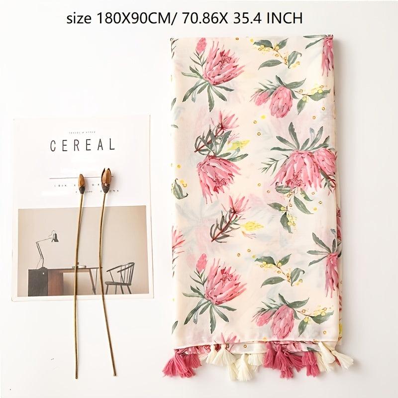 Vintage Pink Flower Print Scarf Cotton Beach Sunscreen Travel Shawl Tassel