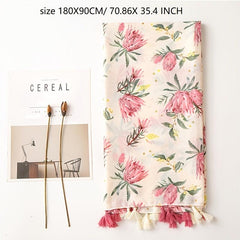 Vintage Pink Flower Print Scarf Cotton Beach Sunscreen Travel Shawl Tassel