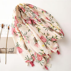 Vintage Pink Flower Print Scarf Cotton Beach Sunscreen Travel Shawl Tassel