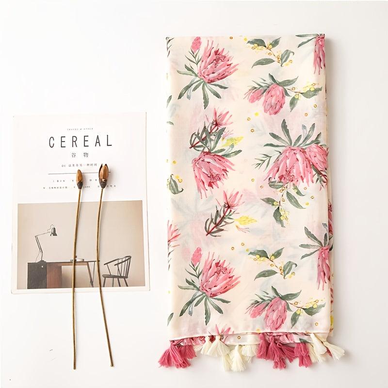 Vintage Pink Flower Print Scarf Cotton Beach Sunscreen Travel Shawl Tassel