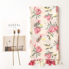 Vintage Pink Flower Print Scarf Cotton Beach Sunscreen Travel Shawl Tassel