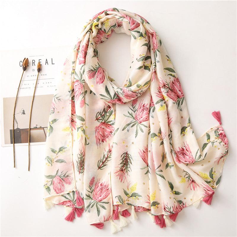 Vintage Pink Flower Print Scarf Cotton Beach Sunscreen Travel Shawl Tassel