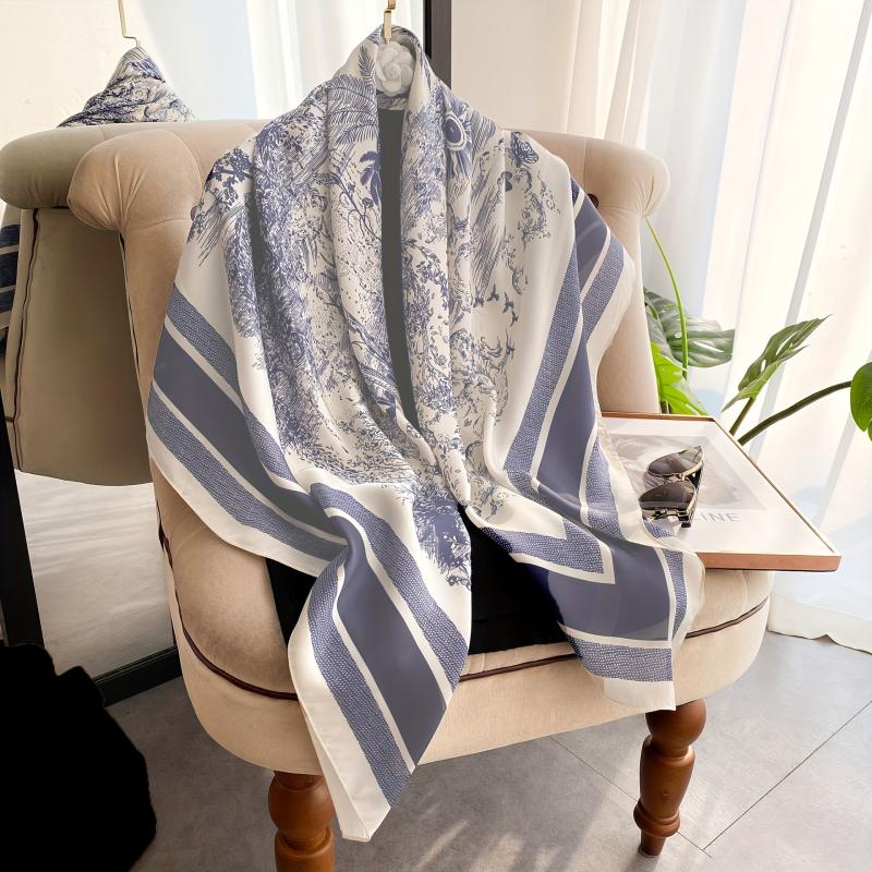 Landscape Print Square Scarf Flower Leaf Tree Shawl Women Satin Head Wrap