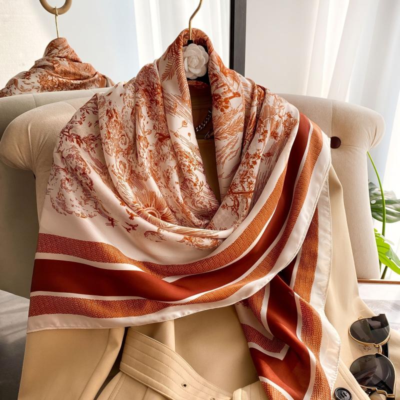 Landscape Print Square Scarf Flower Leaf Tree Shawl Women Satin Head Wrap