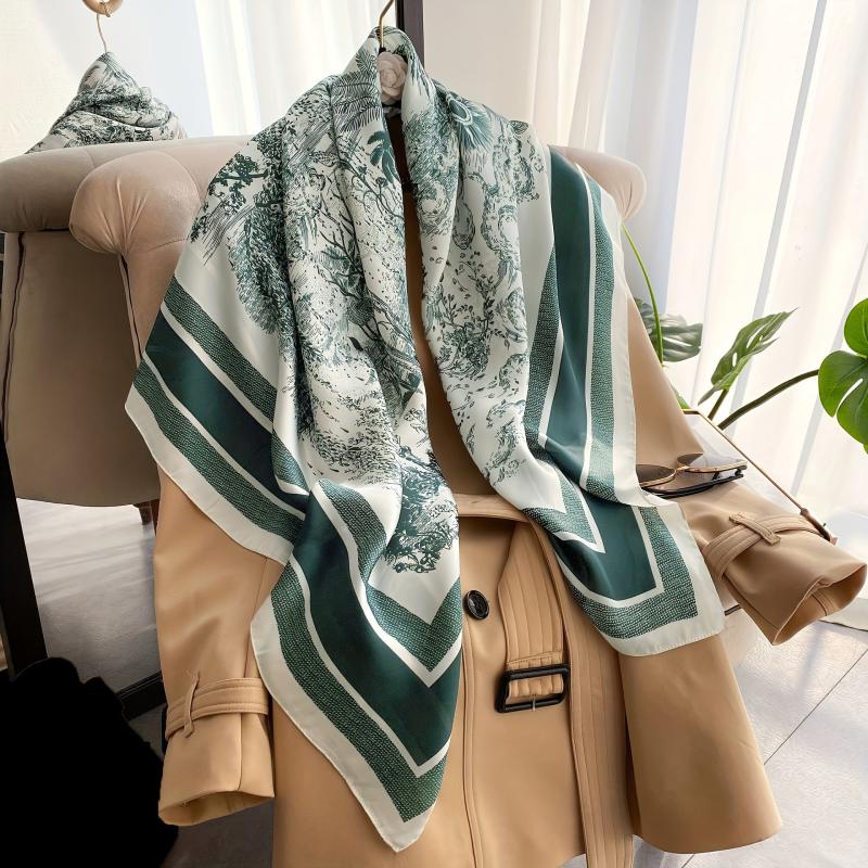 Landscape Print Square Scarf Flower Leaf Tree Shawl Women Satin Head Wrap