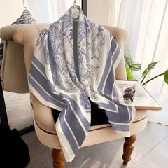 Landscape Print Square Scarf Flower Leaf Tree Shawl Women Satin Head Wrap