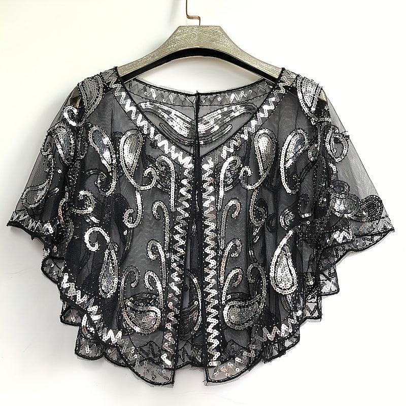 Sequin Embroidery Vintage Shawl Short Cape Mesh Cardigan Women Dress Accessories