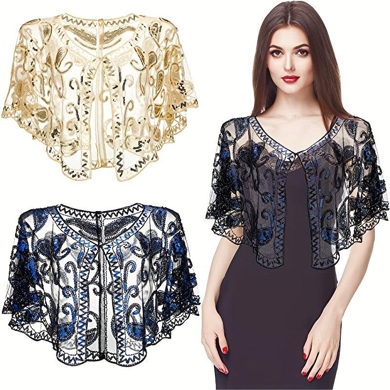 Sequin Embroidery Vintage Shawl Short Cape Mesh Cardigan Women Dress Accessories