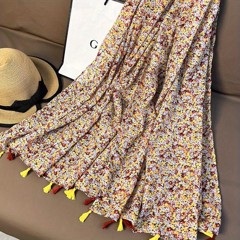 Floral Fringe Trim Scarf Shawl Casual Head Wrap Beach Gift