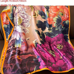 Vintage Flower Crane Print Scarf Chinese Painting Silk Shawl