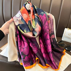 Vintage Flower Crane Print Scarf Chinese Painting Silk Shawl