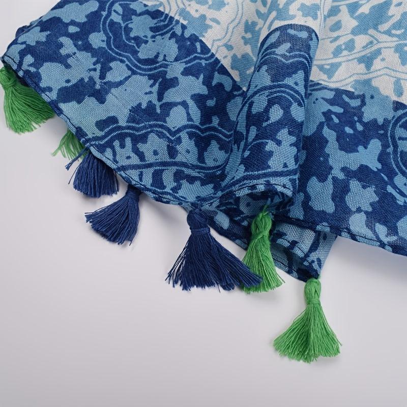 Women Floral Tassel Scarf Printed Hijab Shawl Lightweight Scarf