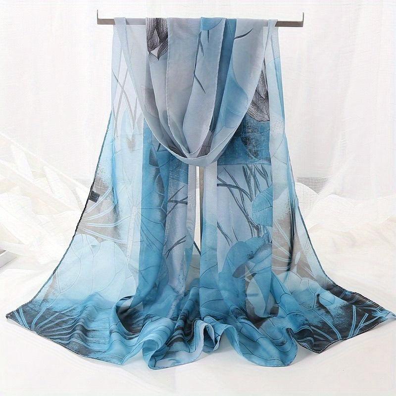 Vintage Lotus Print Chiffon Scarf Hijab Classic Gradient Shawl