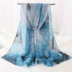 Vintage Lotus Print Chiffon Scarf Hijab Classic Gradient Shawl