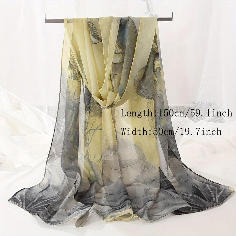 Vintage Lotus Print Chiffon Scarf Hijab Classic Gradient Shawl