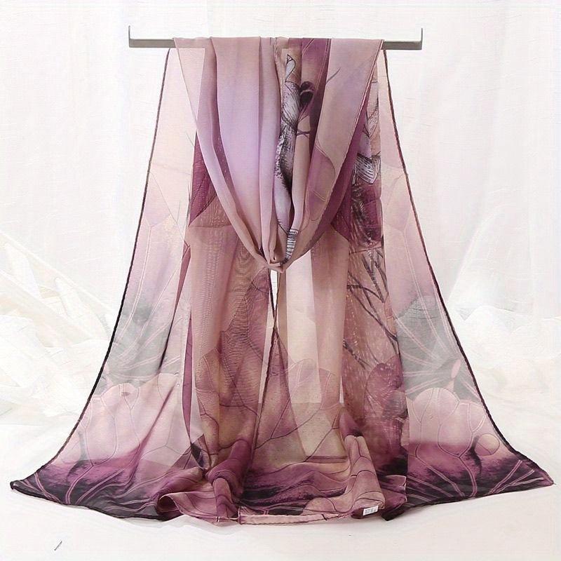 Vintage Lotus Print Chiffon Scarf Hijab Classic Gradient Shawl
