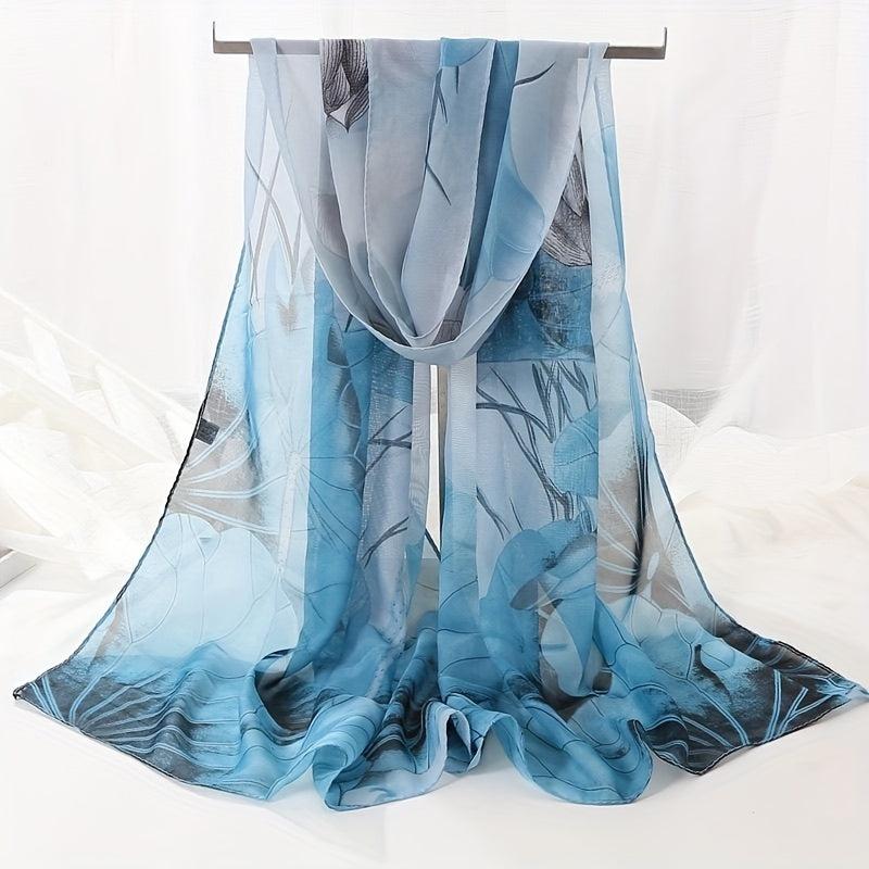 Vintage Lotus Print Chiffon Scarf Hijab Classic Gradient Shawl
