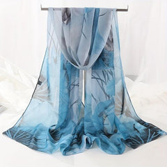 Vintage Lotus Print Chiffon Scarf Hijab Classic Gradient Shawl