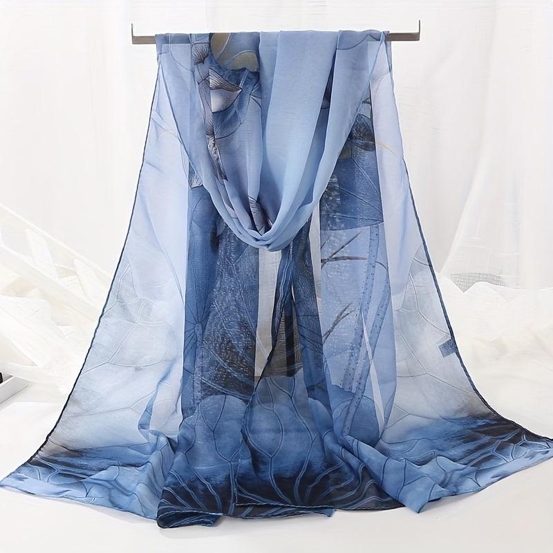 Vintage Lotus Print Chiffon Scarf Hijab Classic Gradient Shawl