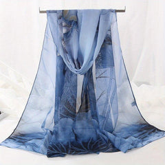 Vintage Lotus Print Chiffon Scarf Hijab Classic Gradient Shawl