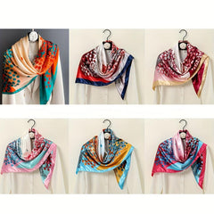 Colorful Leaves Satin Print Square Scarf for Women