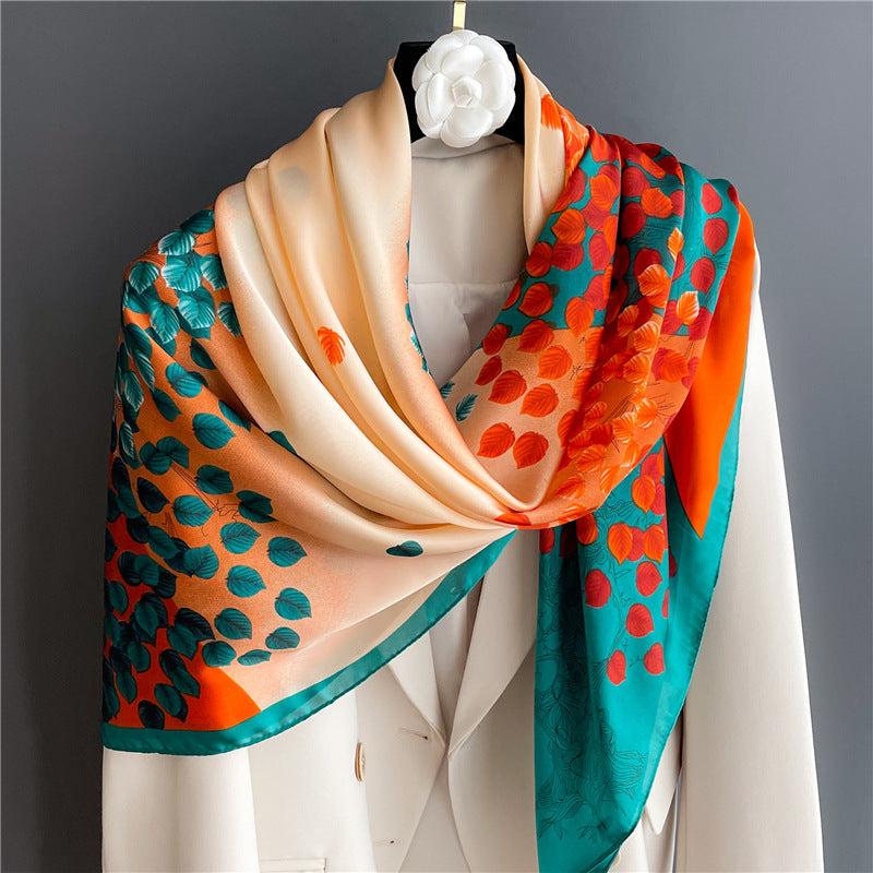 Colorful Leaves Satin Print Square Scarf for Women