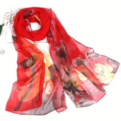 Women's Chiffon Silky Scarf Ink Lotus Lightweight Scarves Floral Print