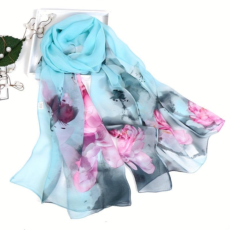 Women's Chiffon Silky Scarf Ink Lotus Lightweight Scarves Floral Print