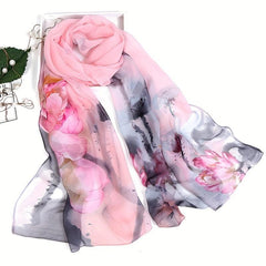 Women's Chiffon Silky Scarf Ink Lotus Lightweight Scarves Floral Print