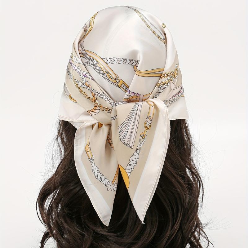 Chain Print Beige Bandana Boho Square Scarf Head Wrap