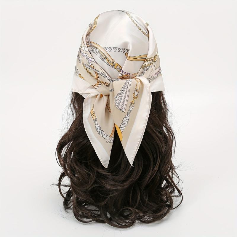 Chain Print Beige Bandana Boho Square Scarf Head Wrap