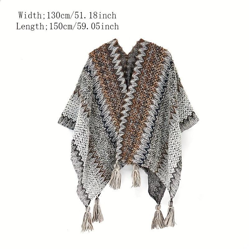 Boho Plaid Tassel Shawl Vintage Knit Cape Wrap