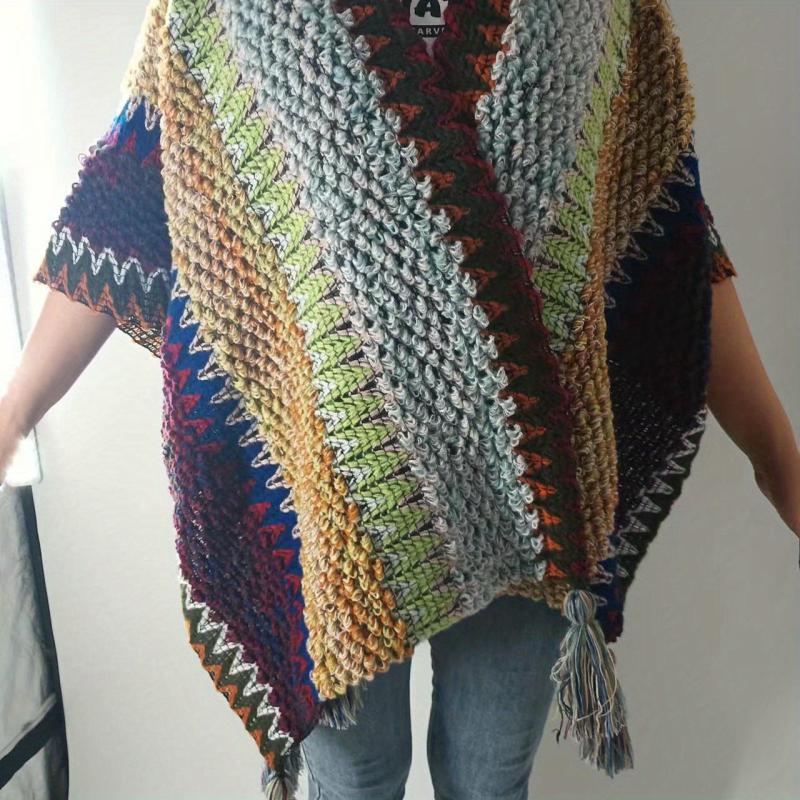 Boho Plaid Tassel Shawl Vintage Knit Cape Wrap