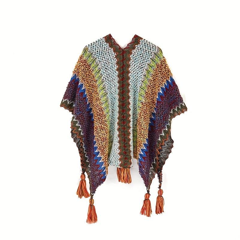 Boho Plaid Tassel Shawl Vintage Knit Cape Wrap